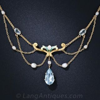 Art Nouveau Aquamarine and Enamel Necklace