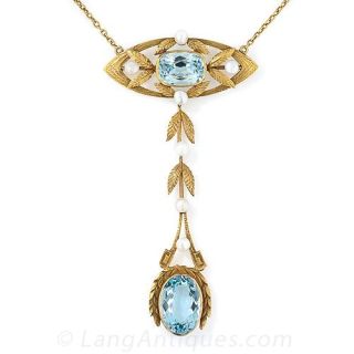 Art Nouveau Aquamarine and Natural Pearl Necklace