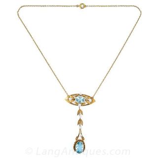 Art Nouveau Aquamarine and Natural Pearl Necklace