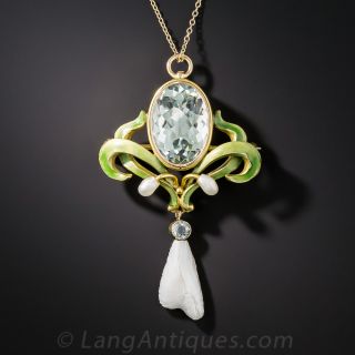 Art Nouveau Aquamarine, Enamel and Freshwater Pearl Pendant Necklace by Bippart - 1