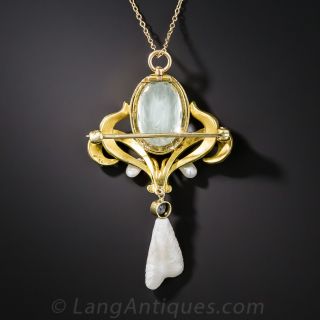 Art Nouveau Aquamarine, Enamel and Freshwater Pearl Pendant Necklace by Bippart