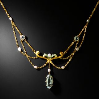 Art Nouveau Aquamarine, Pearl and Enamel Swag Necklace - 3