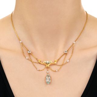Art Nouveau Aquamarine, Pearl and Enamel Swag Necklace