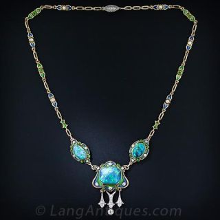 Art Nouveau Black Opal and Enamel Necklace and Ring Suite