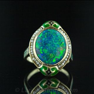 Art Nouveau Black Opal  Enamel and Seed Pearl Ring Main View