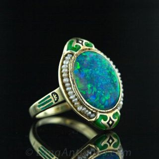 Art Nouveau Black Opal, Enamel and Seed Pearl Ring