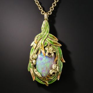Art Nouveau Boulder Opal Enameled Pendant Necklace - Attributed to Marcus & Co. - 2