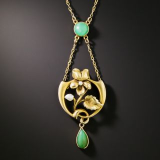 Art Nouveau Chrysoprase and Pearl Floral Lavalière Necklace - 2