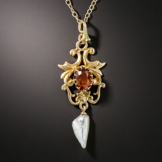 Art Nouveau Citrine and Freshwater Pearl Pendant - 2