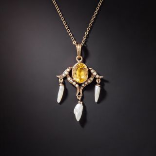 Art Nouveau Citrine and Pearl Lavalière  - 2