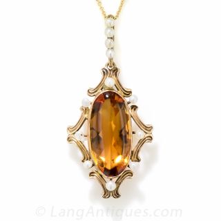 Art Nouveau Citrine and Pearl Pendant