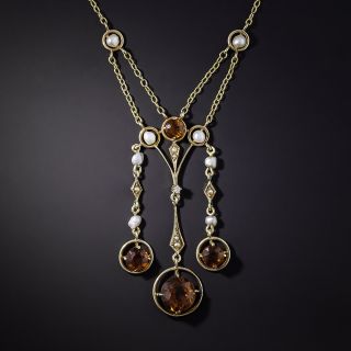 Art Nouveau Citrine and Seed Pearl Swag Necklace - 1