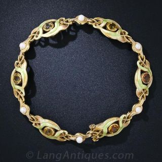 Art Nouveau Citrine, Pearl and Shaded Enamel Bracelet