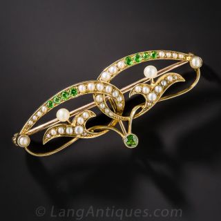 Art Nouveau Demantoid Garnet and Pearl Watch Pin