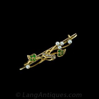 Art Nouveau Demantoid Garnet  Diamond and Seed Pearl Pin Main View