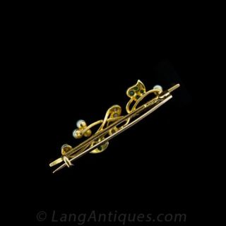 Art Nouveau Demantoid Garnet, Diamond and Seed Pearl Pin