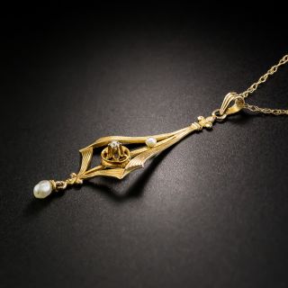 Art Nouveau Diamond and Pearl Pendant Necklace