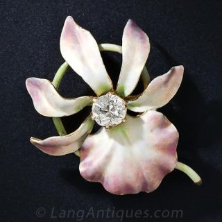 Art Nouveau Diamond and Enamel Orchid Pin - 1