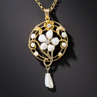Art Nouveau Diamond and Freshwater Pearl Floral Pendant - 4
