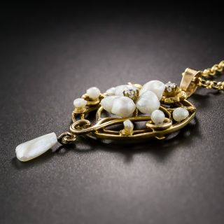 Art Nouveau Diamond and Freshwater Pearl Floral Pendant