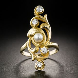 Art Nouveau Diamond and Pearl Dinner Ring - 2