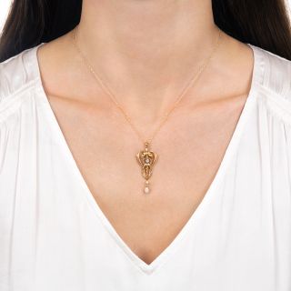 Art Nouveau Diamond and Pearl Drop Necklace