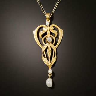 Art Nouveau Diamond and Pearl Drop Necklace - 3