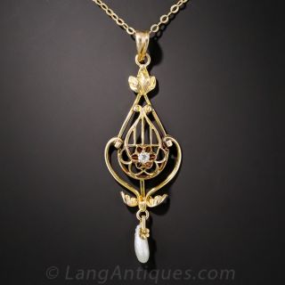 Art Nouveau Diamond and Pearl Pendant