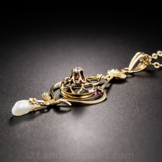 Art Nouveau Diamond and Pearl Pendant