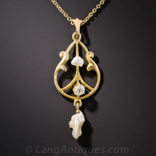 Art Nouveau Diamond and Pearl Pendant