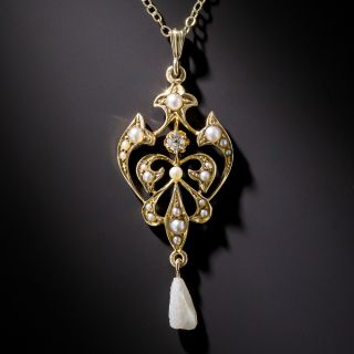 Art Nouveau Diamond and Pearl Pendant Necklace
