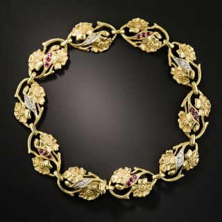Art Nouveau Diamond and Ruby Floral Bracelet - 2