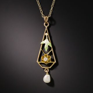 Art Nouveau Diamond, Enamel and Pearl Drop Necklace - 2