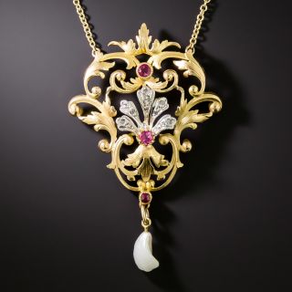 Art Nouveau Diamond, Ruby* and Freshwater Pearl Necklace - 2