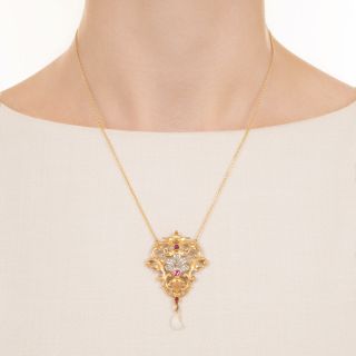 Art Nouveau Diamond, Ruby* and Freshwater Pearl Necklace