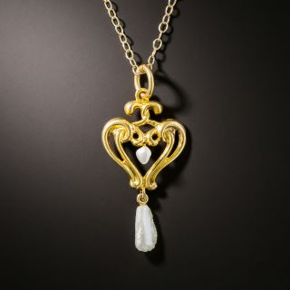 Art Nouveau Double Heart Pearl Necklace - 2