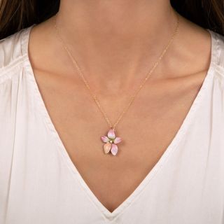 Art Nouveau Enamel and Diamond Flower Pendant