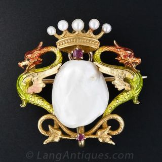 Art Nouveau Enamel and Freshwater Pearl Pin