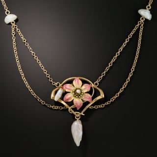 Art Nouveau Enamel and Natural Freshwater Pearl Necklace - 1