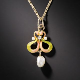 Art Nouveau Enamel and Pearl Drop Pendant