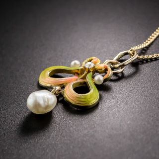 Art Nouveau Enamel and Pearl Drop Pendant