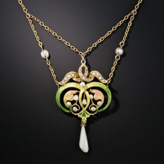 Art Nouveau Enamel and Pearl Lavaliere Necklace