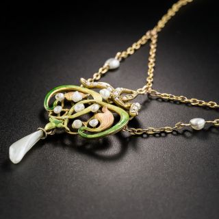 Art Nouveau Enamel and Pearl Lavaliere Necklace