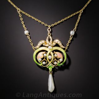 Art Nouveau Enamel and Pearl Lavaliere Necklace - 1