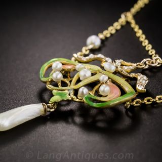 Art Nouveau Enamel and Pearl Lavaliere Necklace