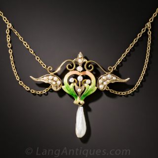 Art Nouveau Enamel and Pearl Necklace
