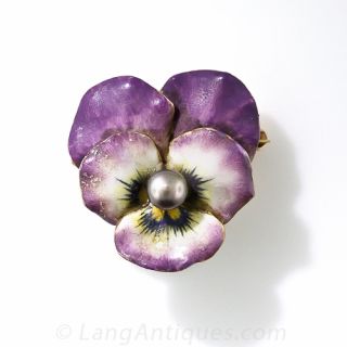 Art Nouveau Enamel and Pearl Pansy Pin