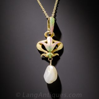 Art Nouveau Enamel and Pearl Pendant Necklace