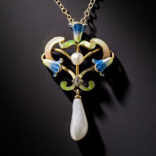 Art Nouveau Enamel and Pearl Pendant