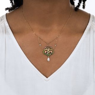 Art Nouveau Enamel and Pearl Swag Necklace